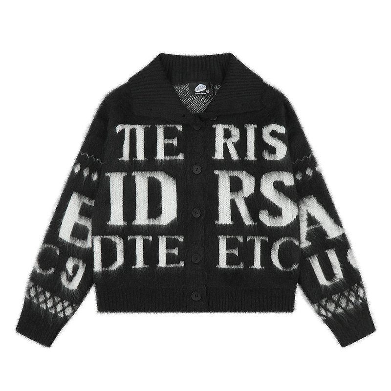 Women’s oversized mohair cardigan with button placket, large lapel collar, and typographic all-over print Amarae