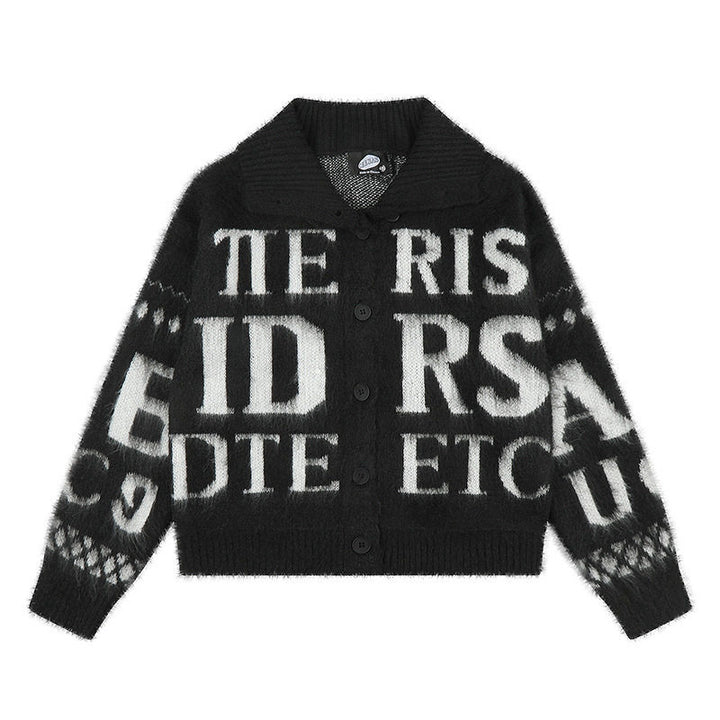 Women’s oversized mohair cardigan with button placket, large lapel collar, and typographic all-over print Amarae