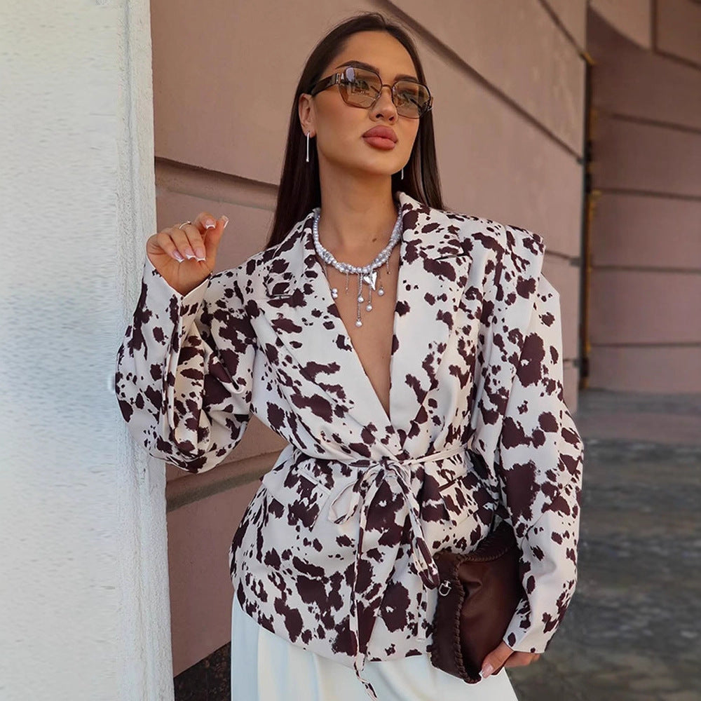 Women's patterned fitted blazer with drawstring belt and dropped shoulders Amarae