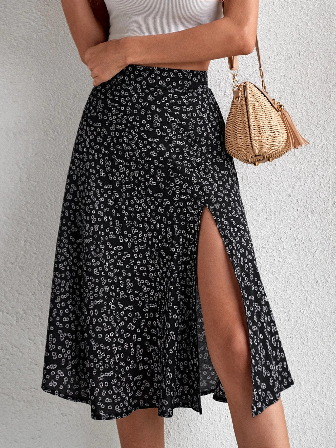 Midi skirt for women with asymmetrical slit and floral pattern Lune London