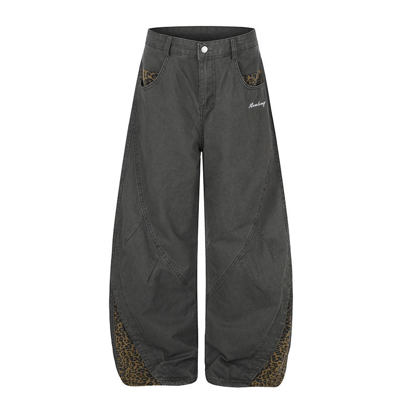 Women's Wide High-Waist Palazzo Jeans with Leopard Inserts and Side Pockets Amarae