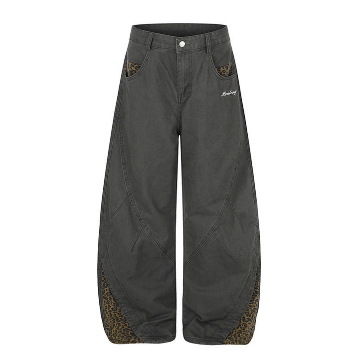 Women's Wide High-Waist Palazzo Jeans with Leopard Inserts and Side Pockets Amarae