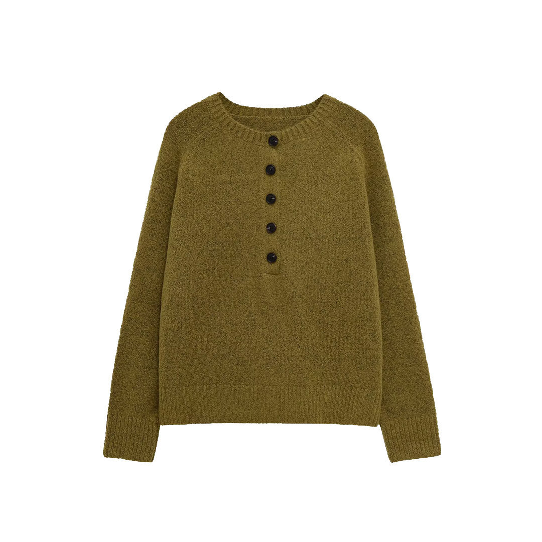 Women's Boucle Pullover with Henley Button Placket and Raglan Sleeves Amarae