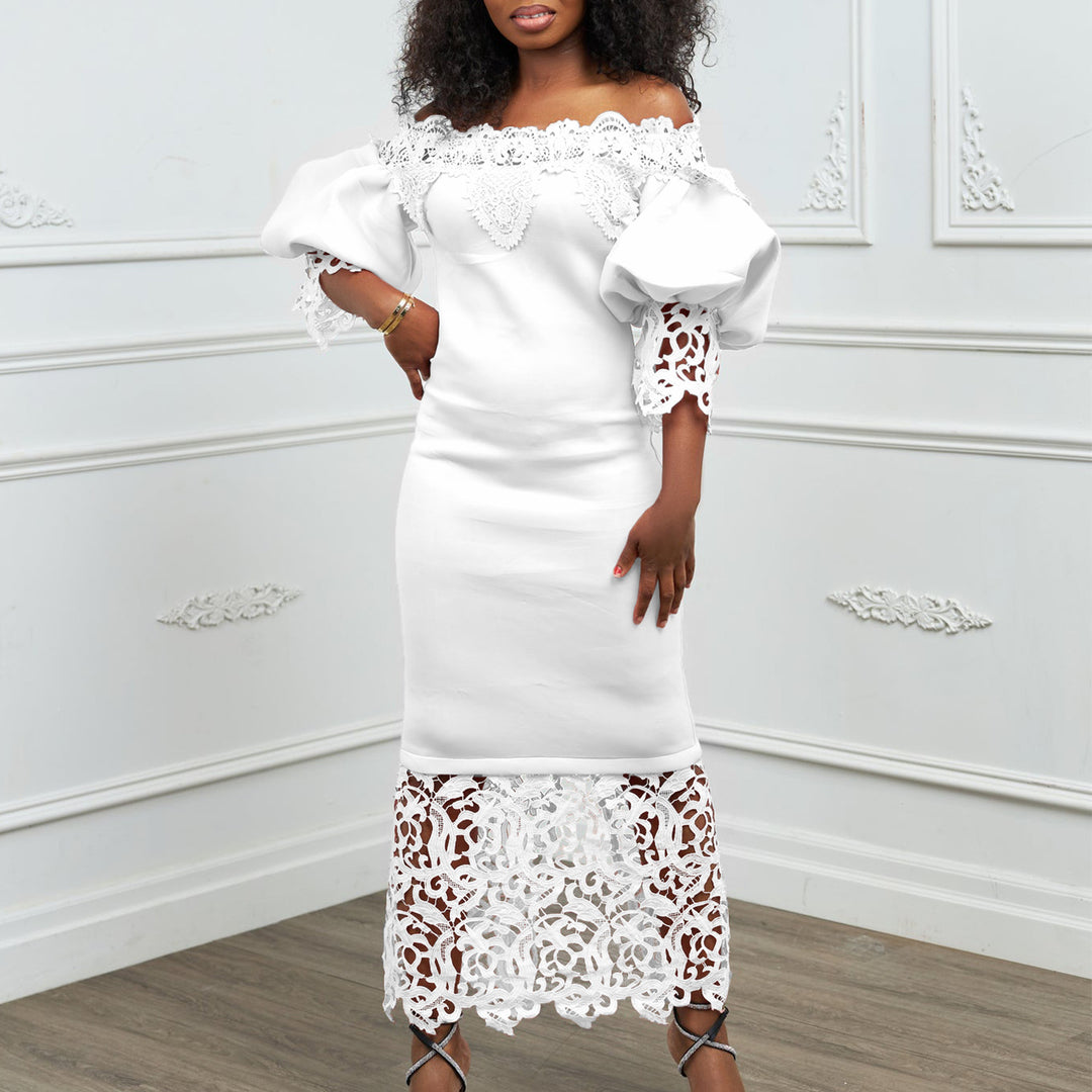 Maxi off-shoulder dress for women with lace accents and a flattering silhouette for Lune London