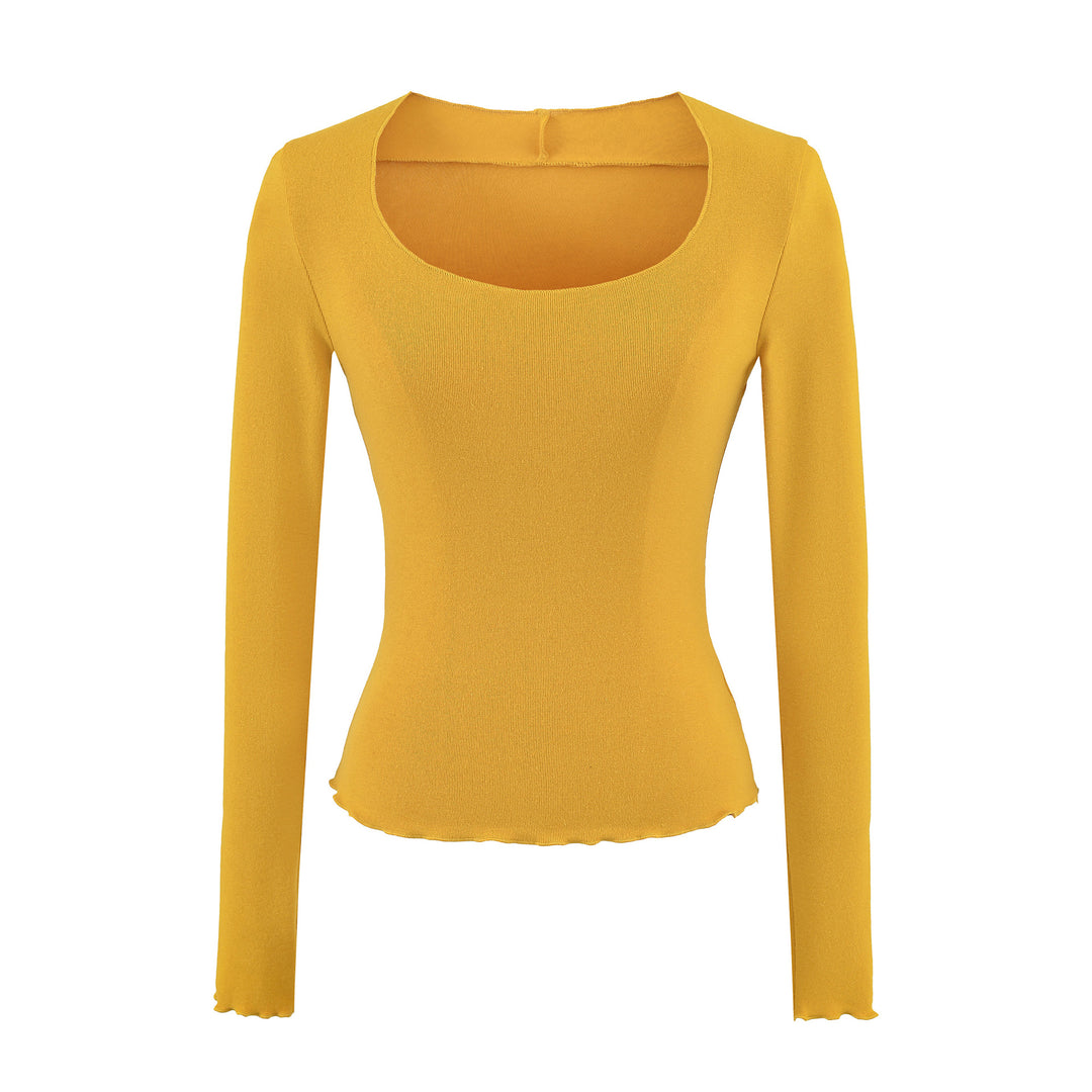 Women Fitted Long Sleeve Fine Knit Top with Square Neckline and Wave Hem Amarae