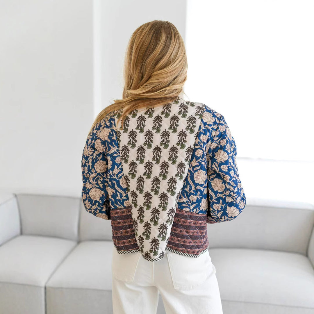 Women’s short jacket in patchwork floral print with open neckline and contrasting trimmings Amarae