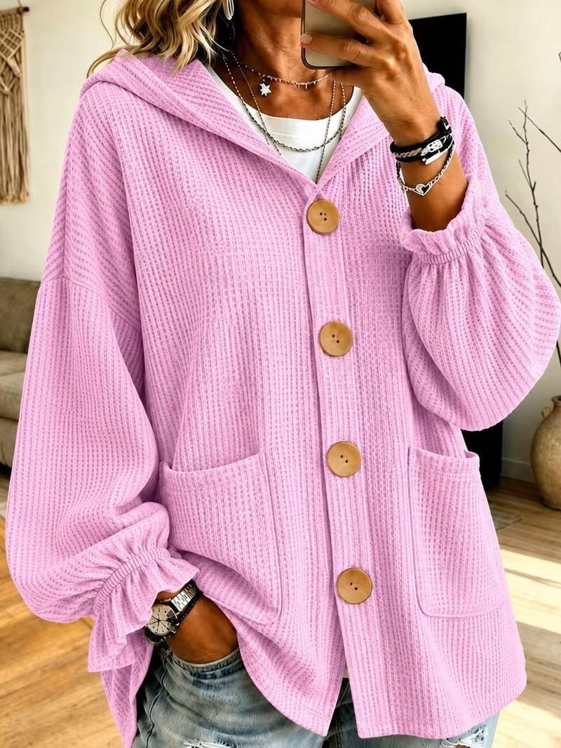 Women's Oversized Hooded Cardigan with Waffle Texture and Wooden Buttons Amarae