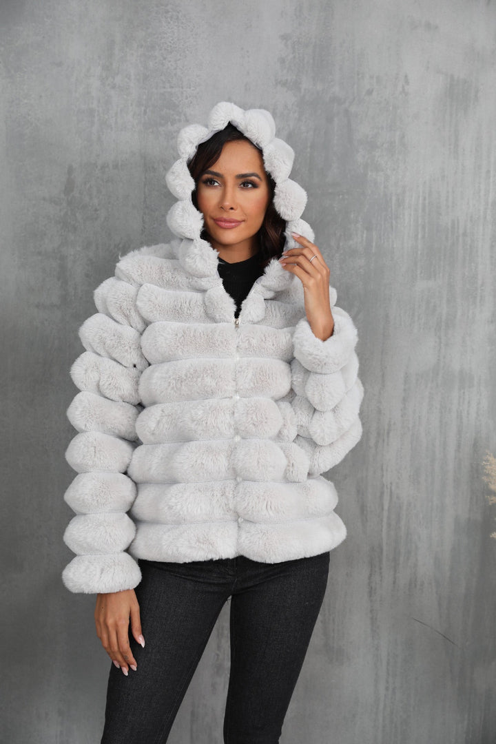 Women's Trendy Hooded Jacket Made Of Faux Fur with Textured Pattern Lune London