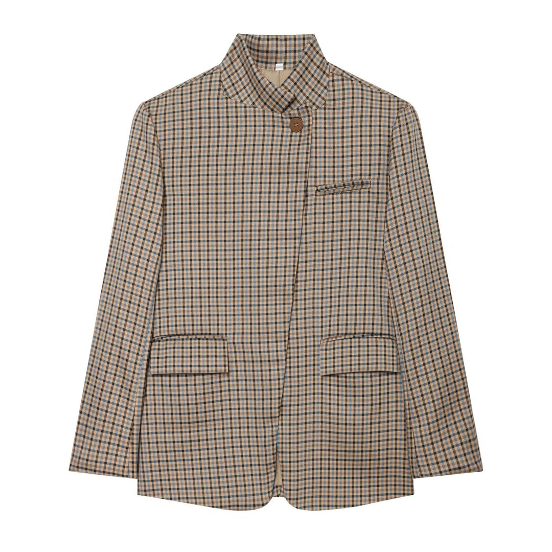 Women Checked Long Blazer with Stand Collar, Concealed Button Placket and Flap Pockets Amarae