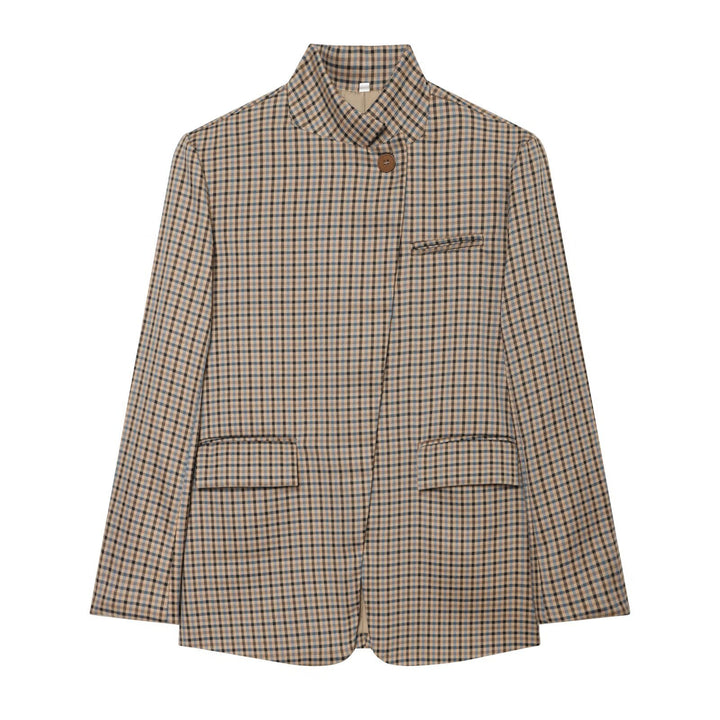 Women Checked Long Blazer with Stand Collar, Concealed Button Placket and Flap Pockets Amarae