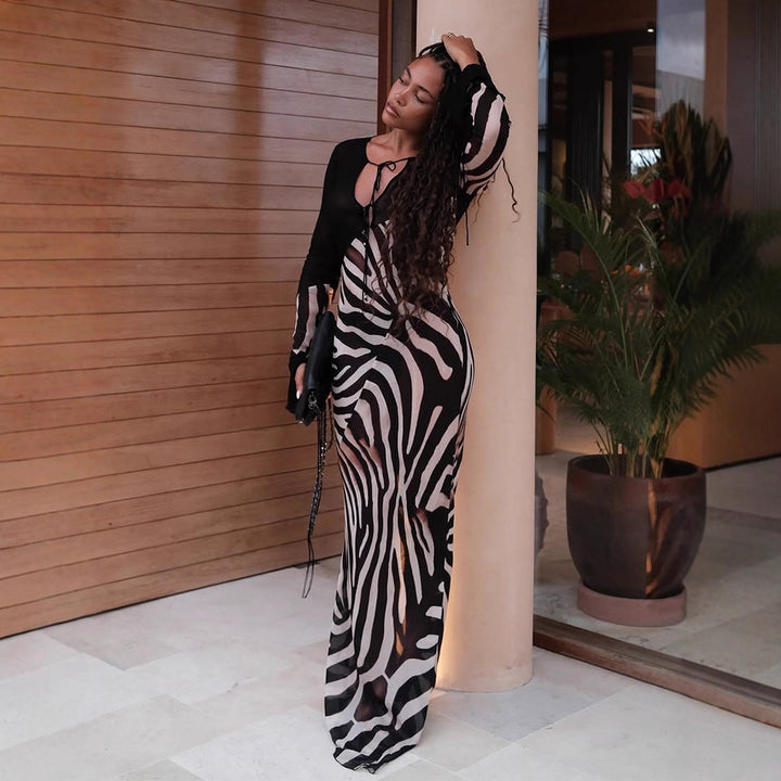 Women's body-hugging mesh maxi dress with deep V-neckline & graphic zebra print Amarae