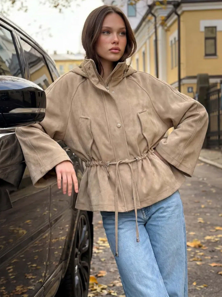 Women Short Jacket in Suede Look with Hood and Waist Drawstring Amarae