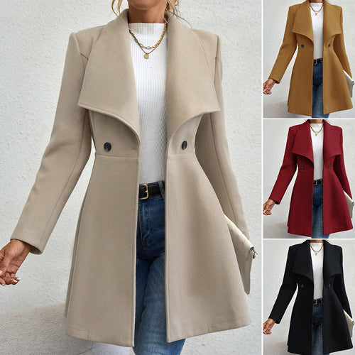 Ladies elegant wool coat with a loose and cinched silhouette and modern button details Amarae