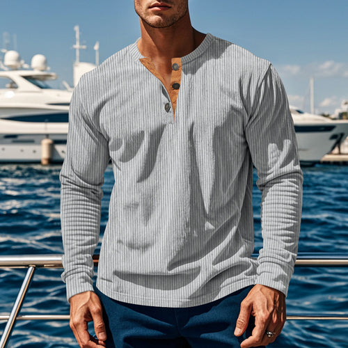 Men's Long Sleeve Henley T-Shirt in Lightweight Ribbed Fabric with Button Placket Amarae