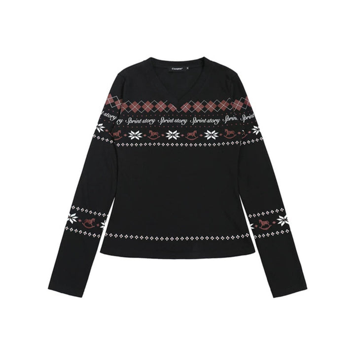 Women's Long Sleeve Shirt with V-Neck and Scandinavian Norwegian Print made of Cotton Blend Amarae