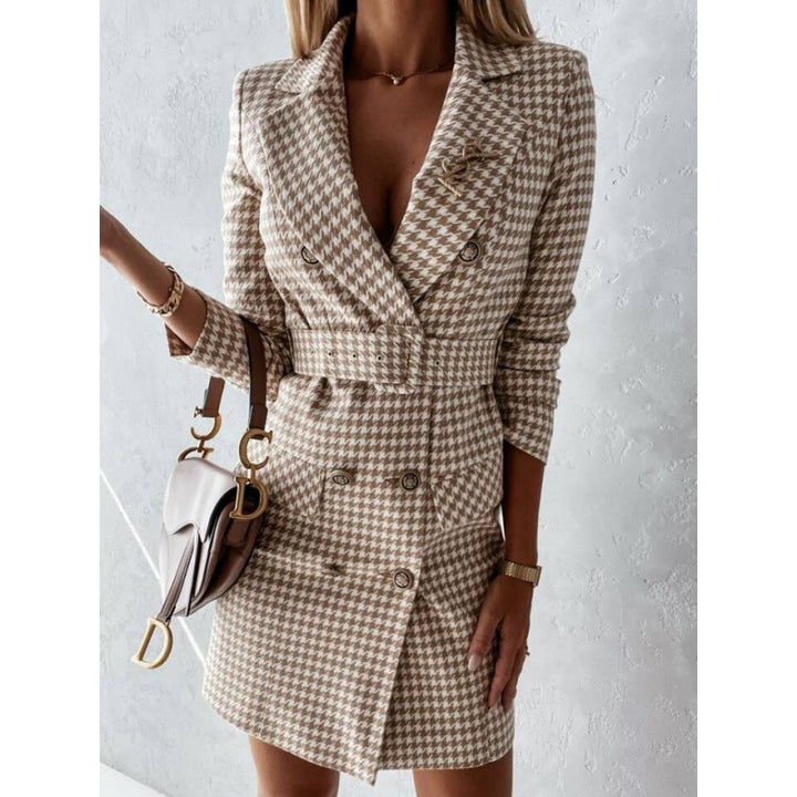 Classic houndstooth design shirt dress for women with elegant fitted waist and double row of buttons Lune London