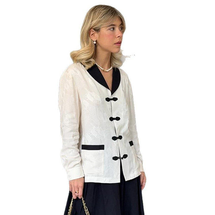 Women's Tailored Jacquard Jacket with Contrast Collar and Knot Closures Amarae