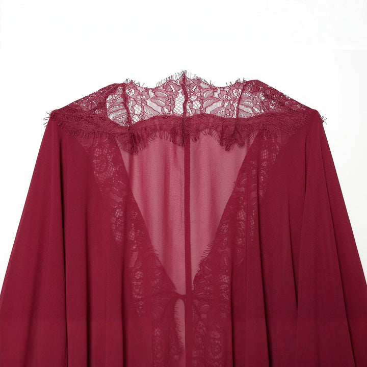 Women's Flowing Kimono Blouse with Lace Trim and Tie Band Amarae