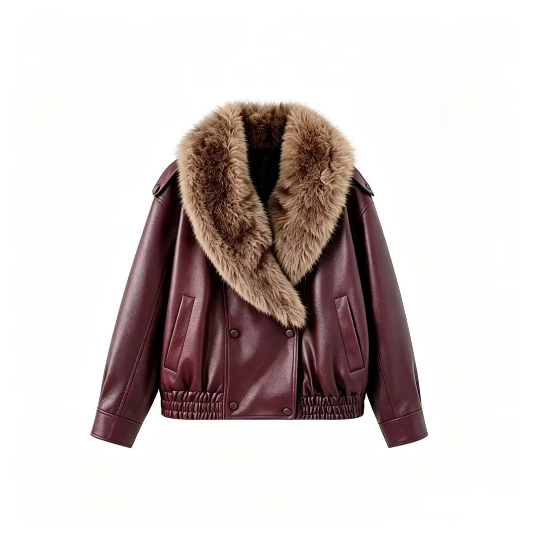 Women's Faux Leather Bomber Jacket with Large Faux Fur Collar Amarae