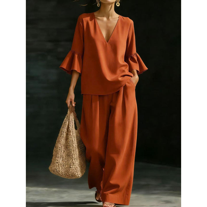 Women's Two-Piece V-Neck Tunic Set with Ruffle Sleeves and Wide High-Waisted Palazzo Pants Amarae