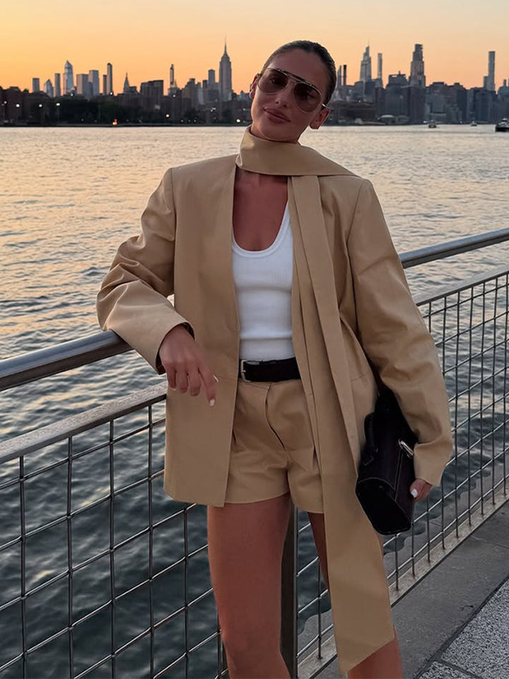 Women's Two-Piece Blazer Set with Long Shawl Collar and High-Waisted Shorts Amarae