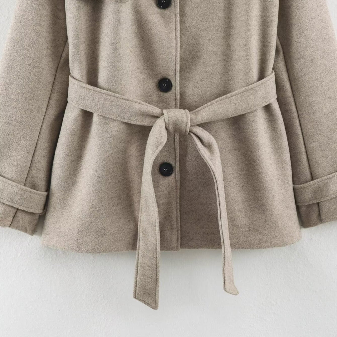 Women’s short trench coat made of wool blend with stand-up collar, epaulettes, and tie belt Amarae