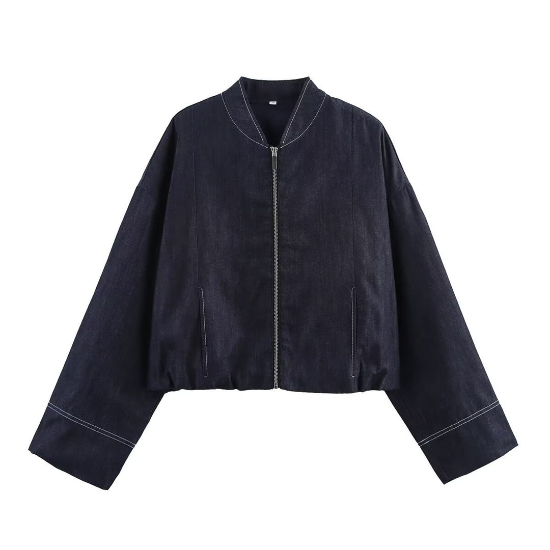 Women's cropped denim jacket in a casual bomber style with zipper Lune London