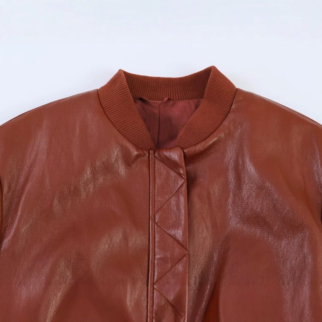 Women's Shiny Faux Leather Bomber Jacket with Ribbed Collar, Concealed Snap Button Placket and Kangaroo Pockets Amarae
