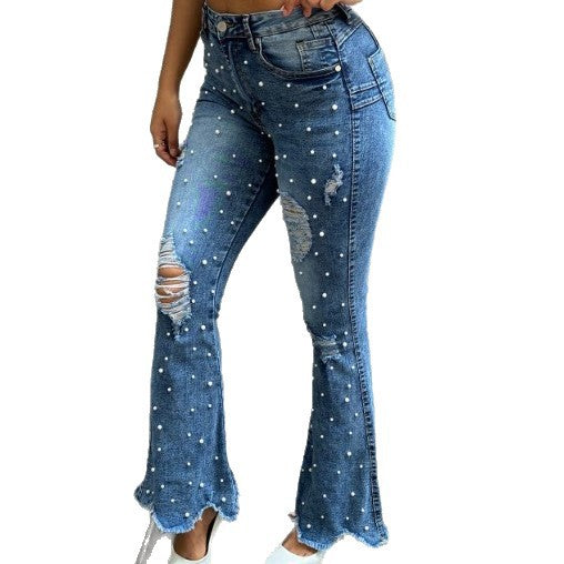 Ladies pearl-embellished high-waist flared jeans with destroyed details and raw hem Amarae