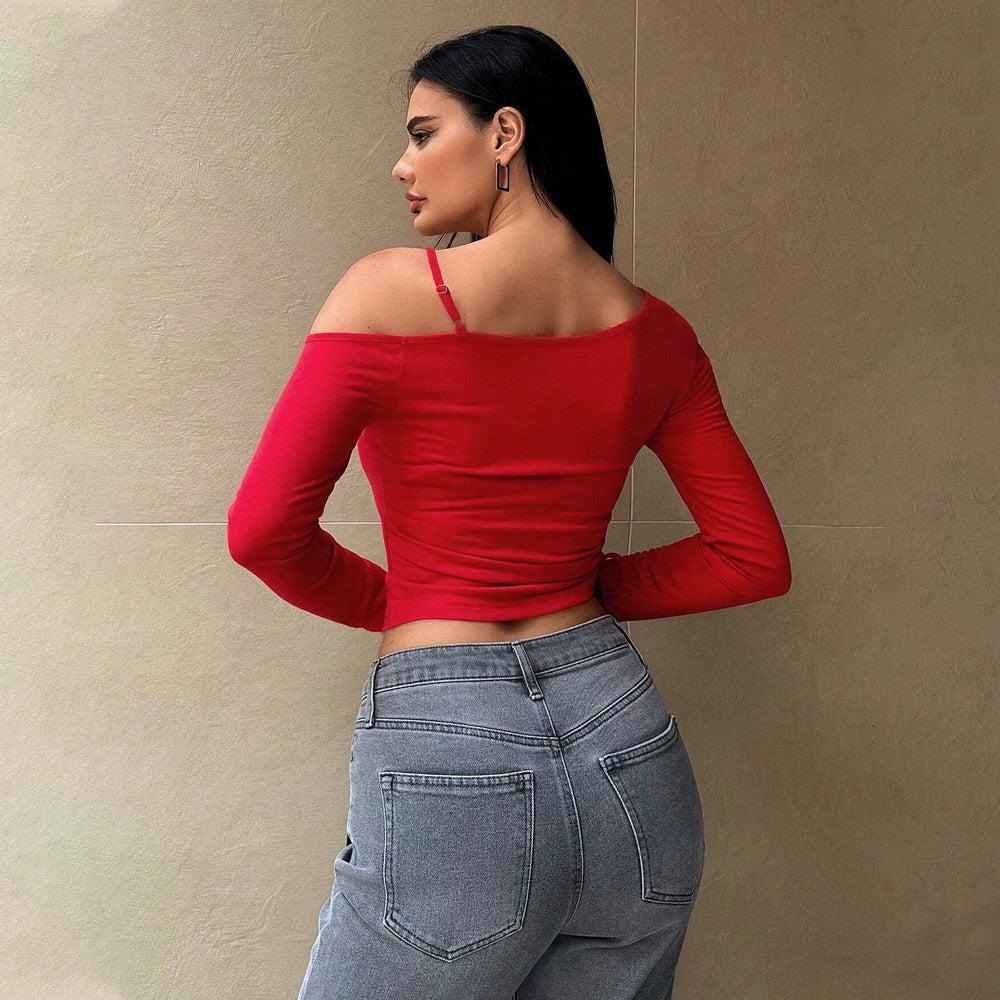 Top court à manches longues pour femmes avec coupe asymétrique et fronces Chic & Stil