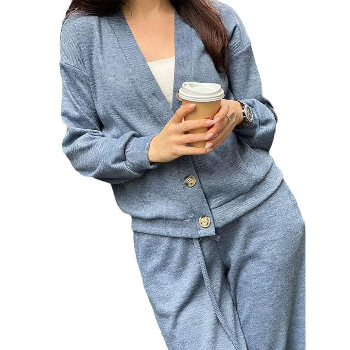Women's Knit Loungewear Set with V-Neck Cardigan and Wide Drawstring Pants Amarae