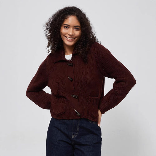 Thick knit jacket for women with decorative button details and practical pockets Amarae