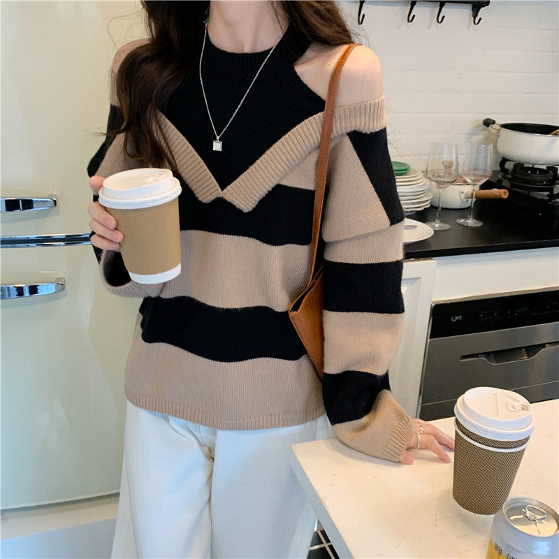 Pull décontracté pour femmes avec motif rayé moderne et découpes aux épaules Chic & Stil