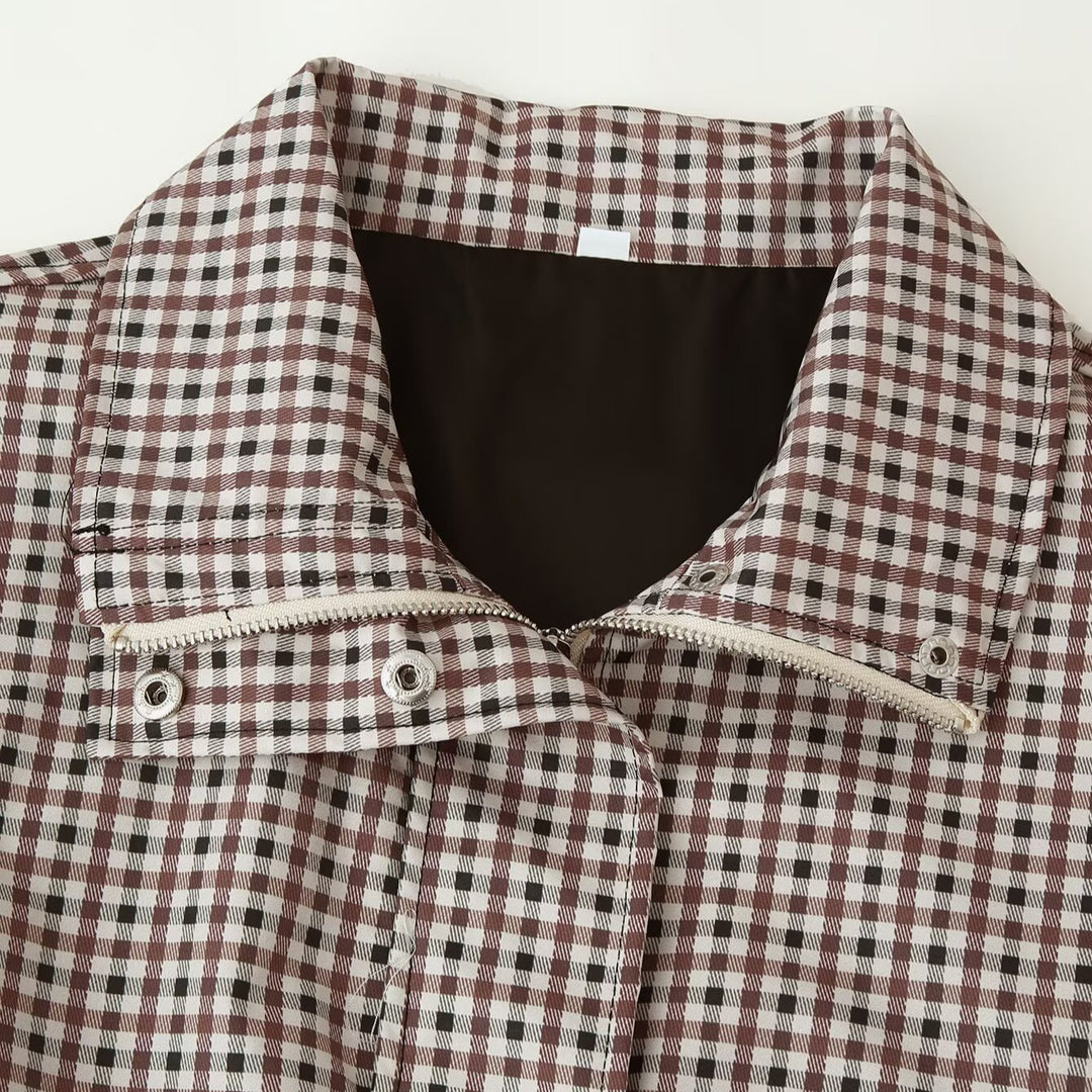 Women's Checked Cropped Field Jacket with Drawstring Hem, Stand-Up Collar and Boxy Silhouette Amarae