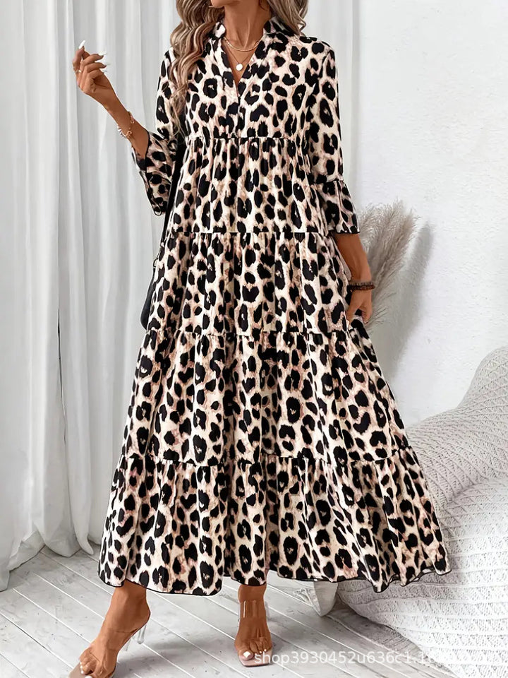 Maxi dress with animal print for women with voluminous puff sleeves Lune London