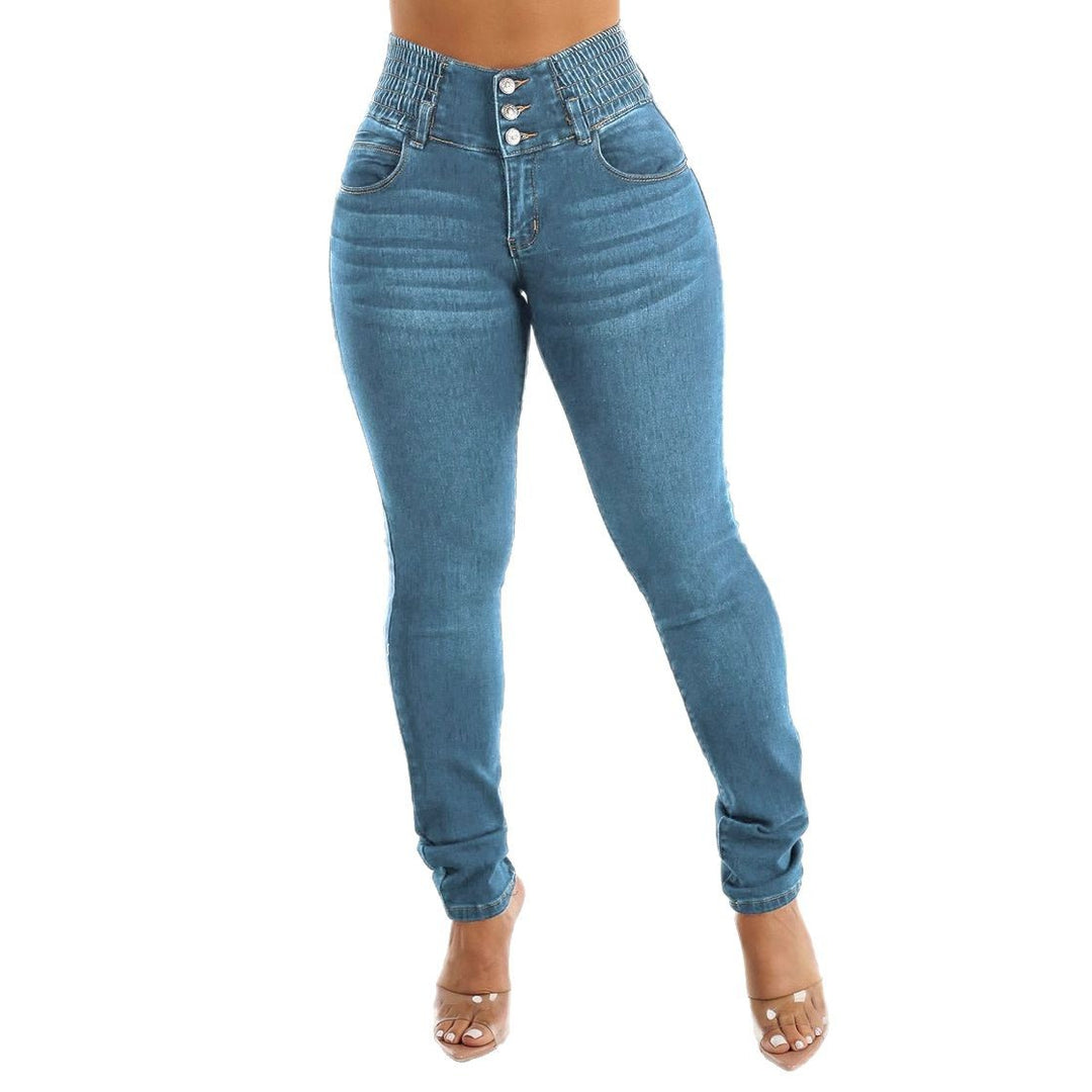 Women High-Waisted Jeans with Elastic Waistband and Button Details Lune London