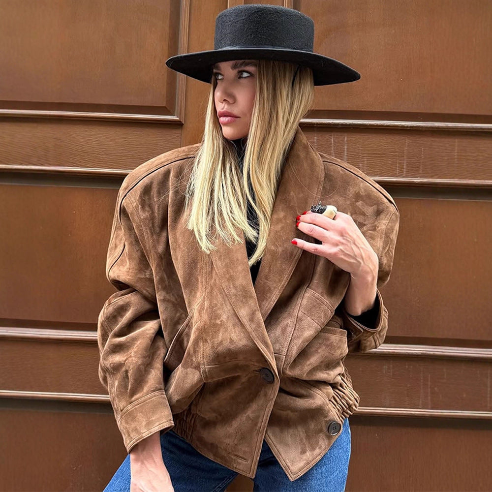 Oversized suede leather jacket for women with a modern cut and practical pockets Lune London