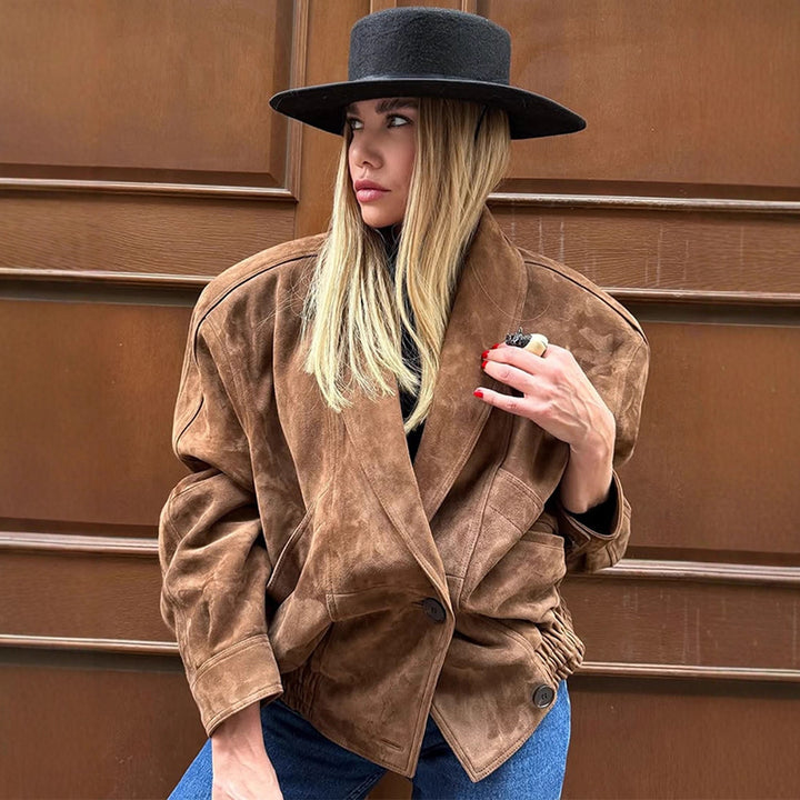 Oversized suede leather jacket for women with a modern cut and practical pockets Lune London