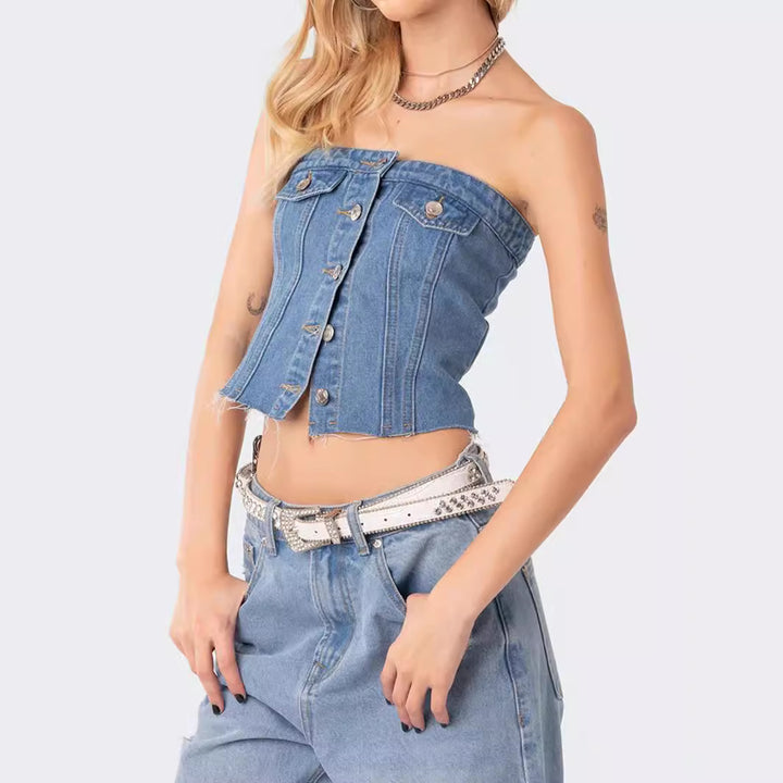 Women's Denim Crop Top with Knitted Overlay Lune London