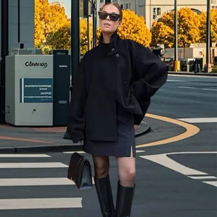 Women’s Casual Wool Blanket Jacket with High Collar and Button Fastening Lune London