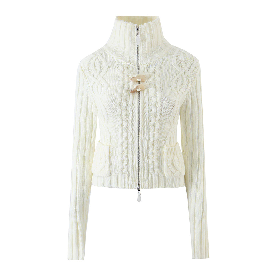 Ladies short knitted cardigan with stand-up collar, cable pattern, wooden button toggles and pockets Amarae