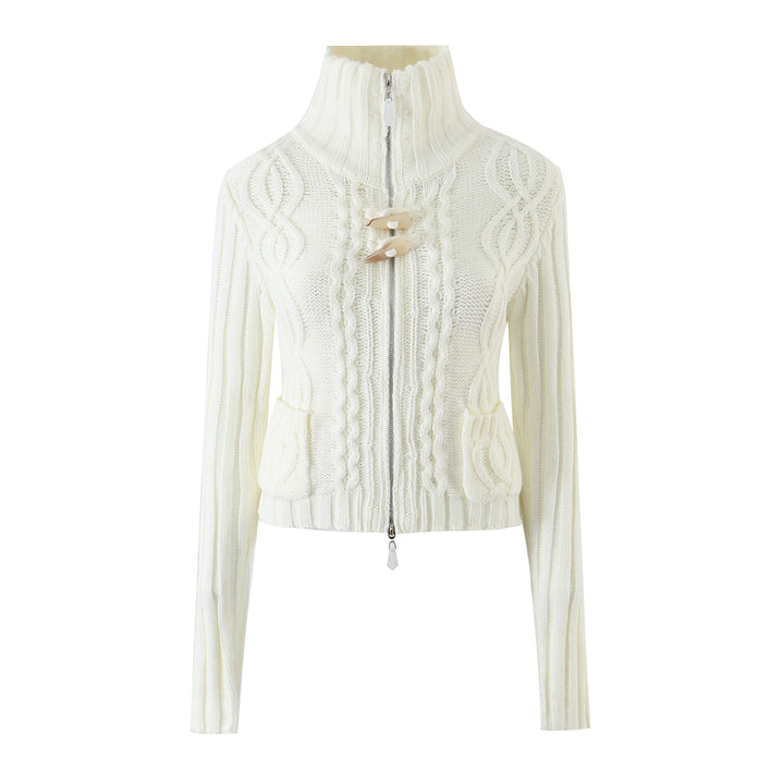 Ladies short knitted cardigan with stand-up collar, cable pattern, wooden button toggles and pockets Amarae