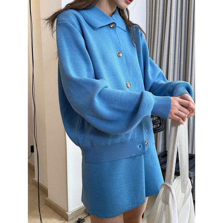 Ladies Lightweight Oversized Knit Cardigan with Shirt Collar and Pearl Buttons Amarae