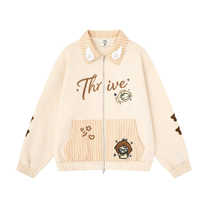 Women's zip sweat jacket with striped collar, front pockets and cute embroidery Amarae