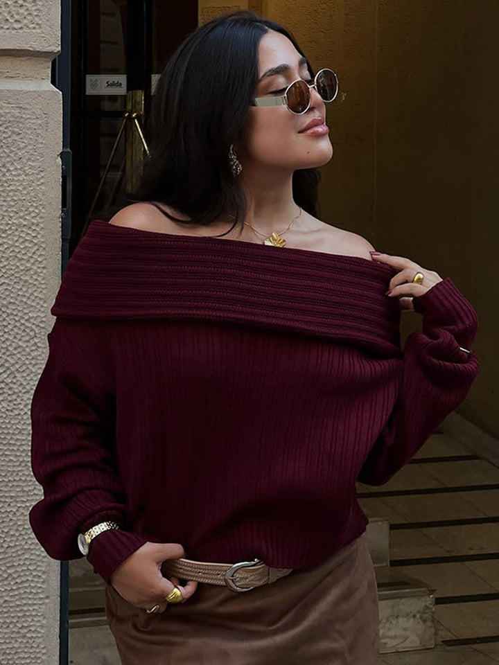 Women Off-Shoulder Ribbed Knit Sweater with Wide Folded Collar Amarae