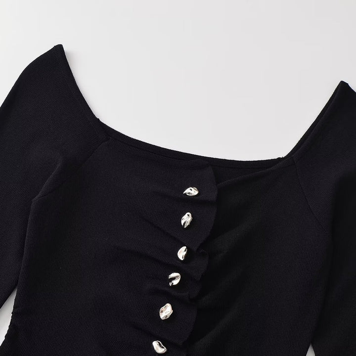 Women's Ruched Long Sleeve Top with Asymmetrical Peplum and Decorative Button Placket Amarae