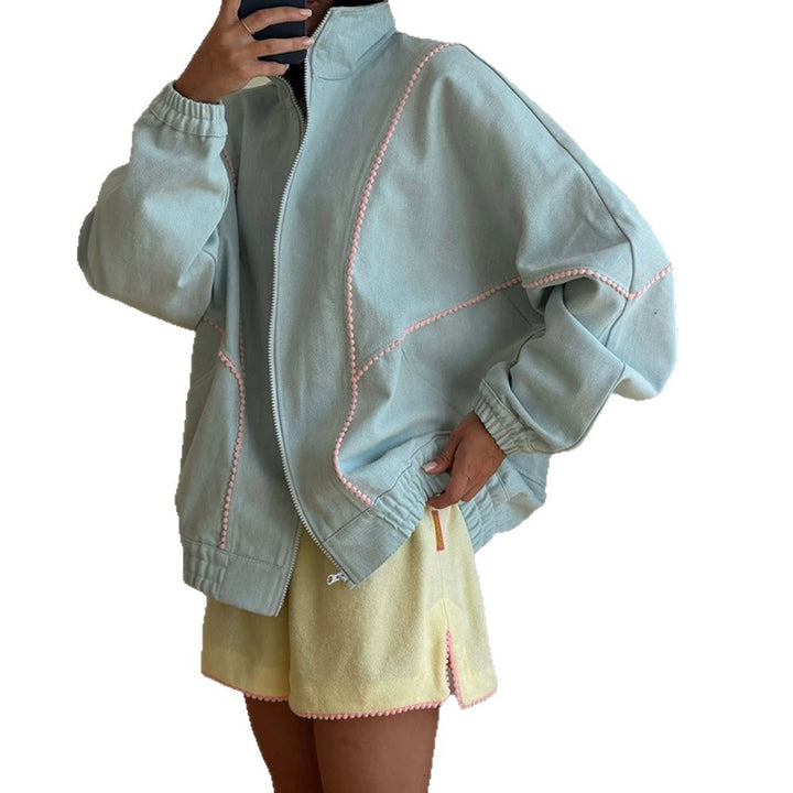 Women's Terry Loungewear Set with Zip Jacket, Oversized Cut & Pom Pom Trim Amarae