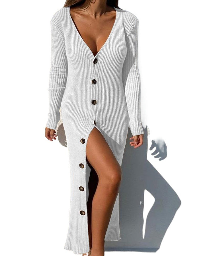 Long sleeve dress for women with continuous button placket and side slit Lune London