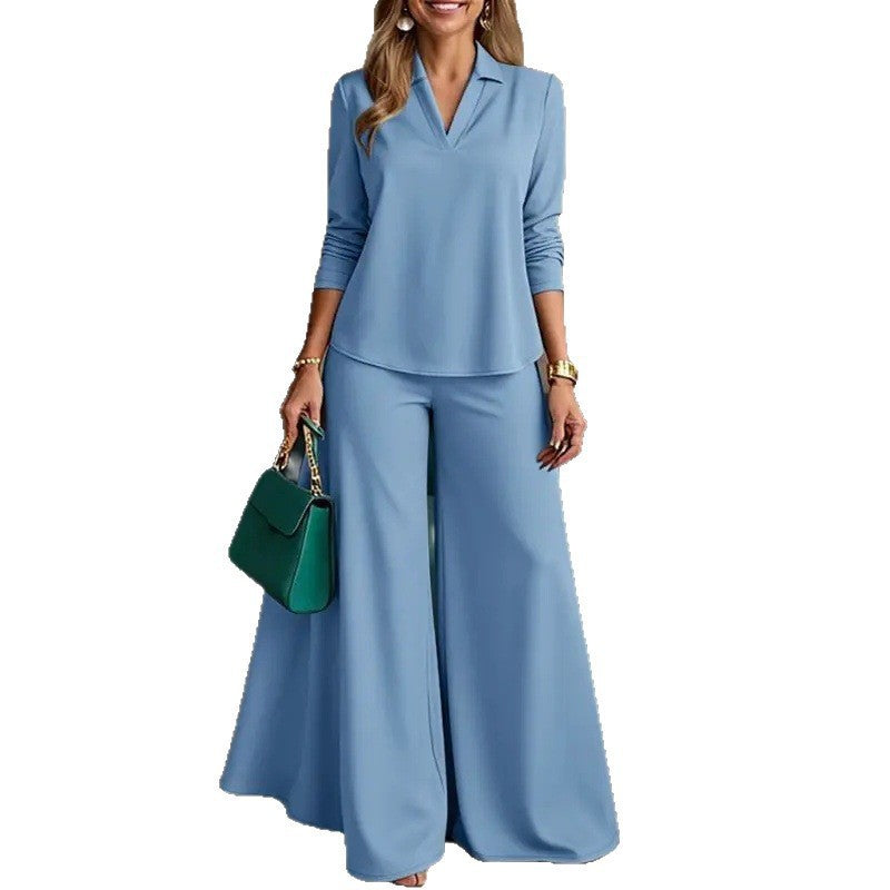 Ladies Elegant Two-Piece Palazzo Set with Shirt Collar Top and Wide Leg Amarae
