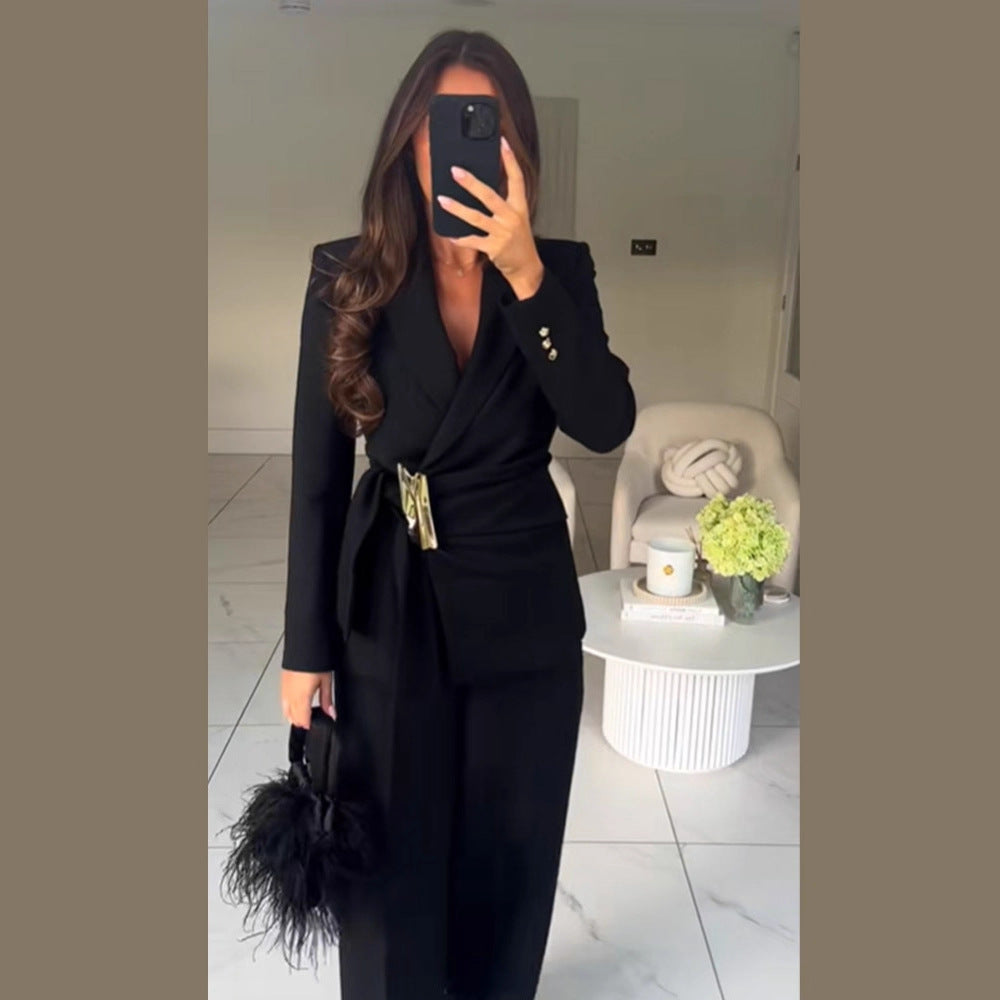 Women's Tailored Wrap Blazer with Decorative Metal Buckle & High-Waist Palazzo Pants Amarae